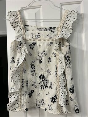 DAVI & DANI eyelet Cream Top with Black Floral and Polka Dot Ruffles